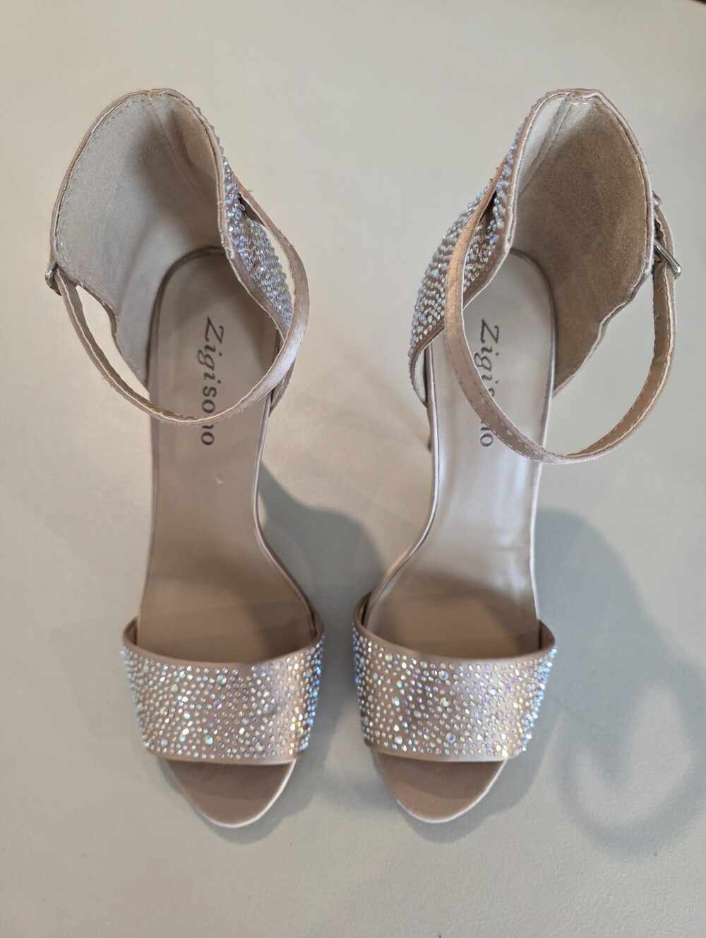 Zigi Soho Nude/Mocha Hue Crystal Auroa Borealis Ankle-Strap Heels W Rhinestones.
